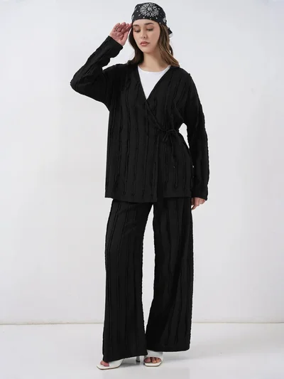 BIG DART BDART Textured V-Neck Tie Detail Kimono & Wide Leg Pants Set